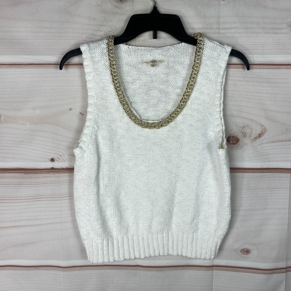 Entro Sweater Womens Small White Scoop Neck Sleeveless Gold Chain Pullover Solid
